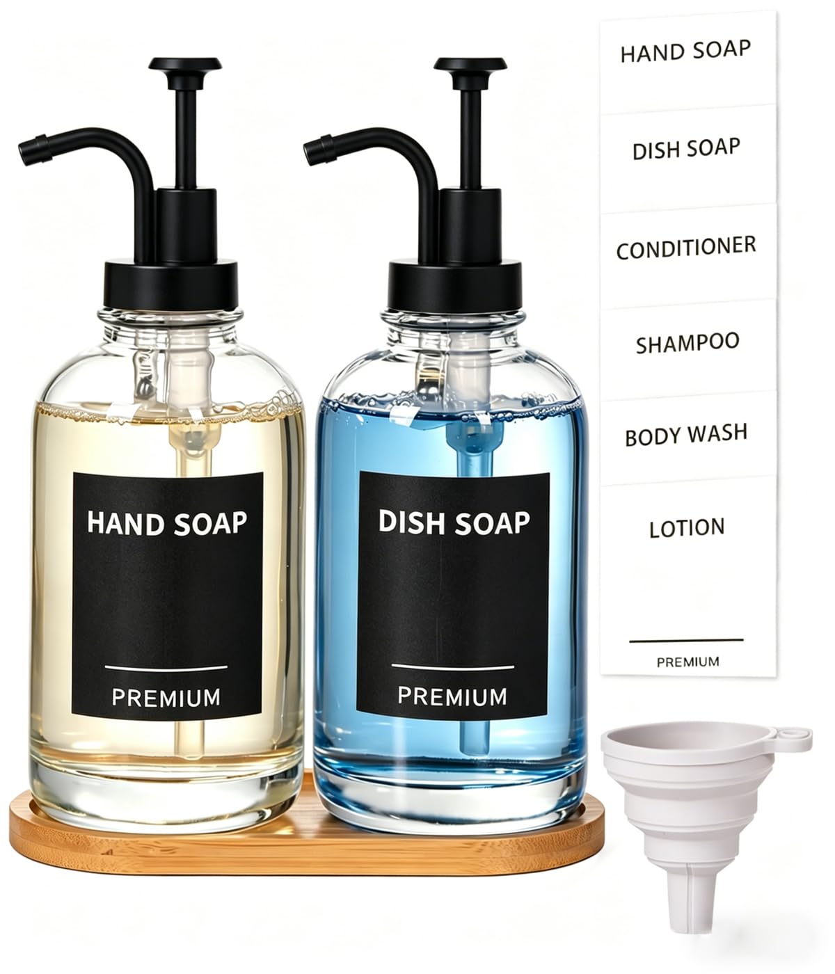 Dispenser di sapone per piatti da cucina, dispenser di sapone a mano in vetro con pompa, vassoio, imbuto per bagno, doccia, lavanderia, liquidi, lozioni (confezione da 2 bottiglie trasparenti da 510