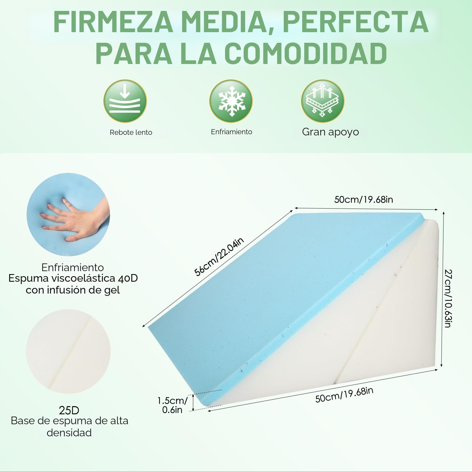 Almohada de Cuña para Dormir, Cuña Antireflujo Adulto Ajustable, Almohada Triangular Ergonómico en la Memoria de Forma, Cojín Inclinado para la Cama y el Sofá, 50 × 50 × 30 cm