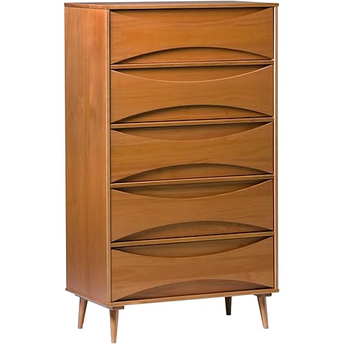 Walker Edison Lowry Mid-Century Modern Detailed-Drawer Solid Wood Dresser, 30 Inch, Caramel