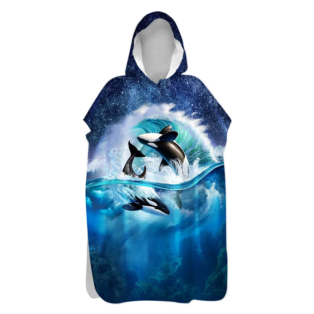 DOTBUY Hooded Poncho Towel for Kids Adults Changing Robe - 3D Dolphin Printed Microfiber Quick Dry Lightweight Men Women Beach Swim Surf Poncho (Waves,80x145cm)