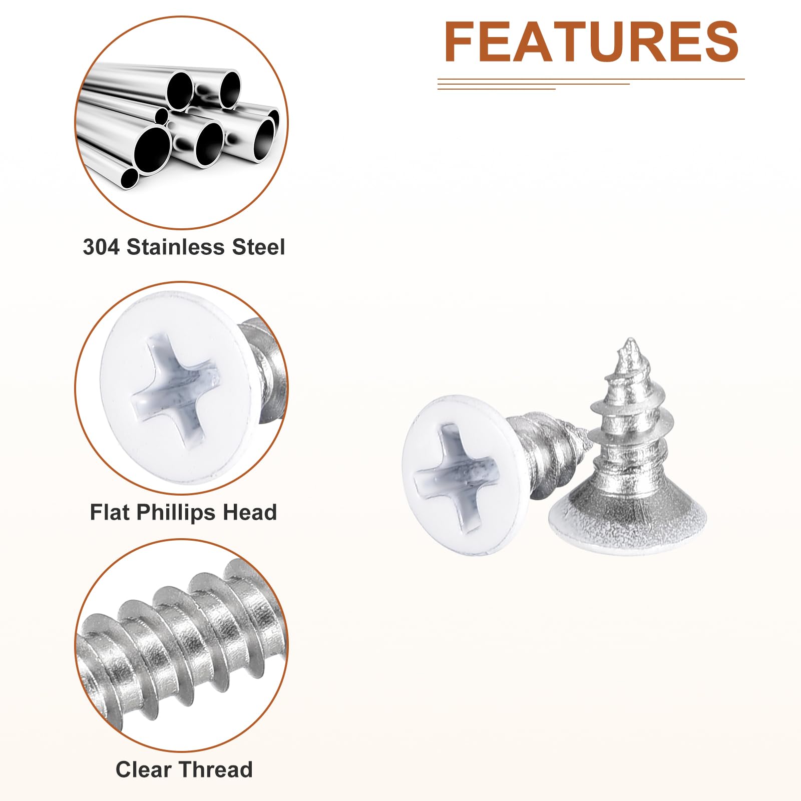 DTGN 100Pcs ST4x10mm Flat Head Wood Screws, 304 Stainless Steel White Phillips Self Tapping Screws - Image 4