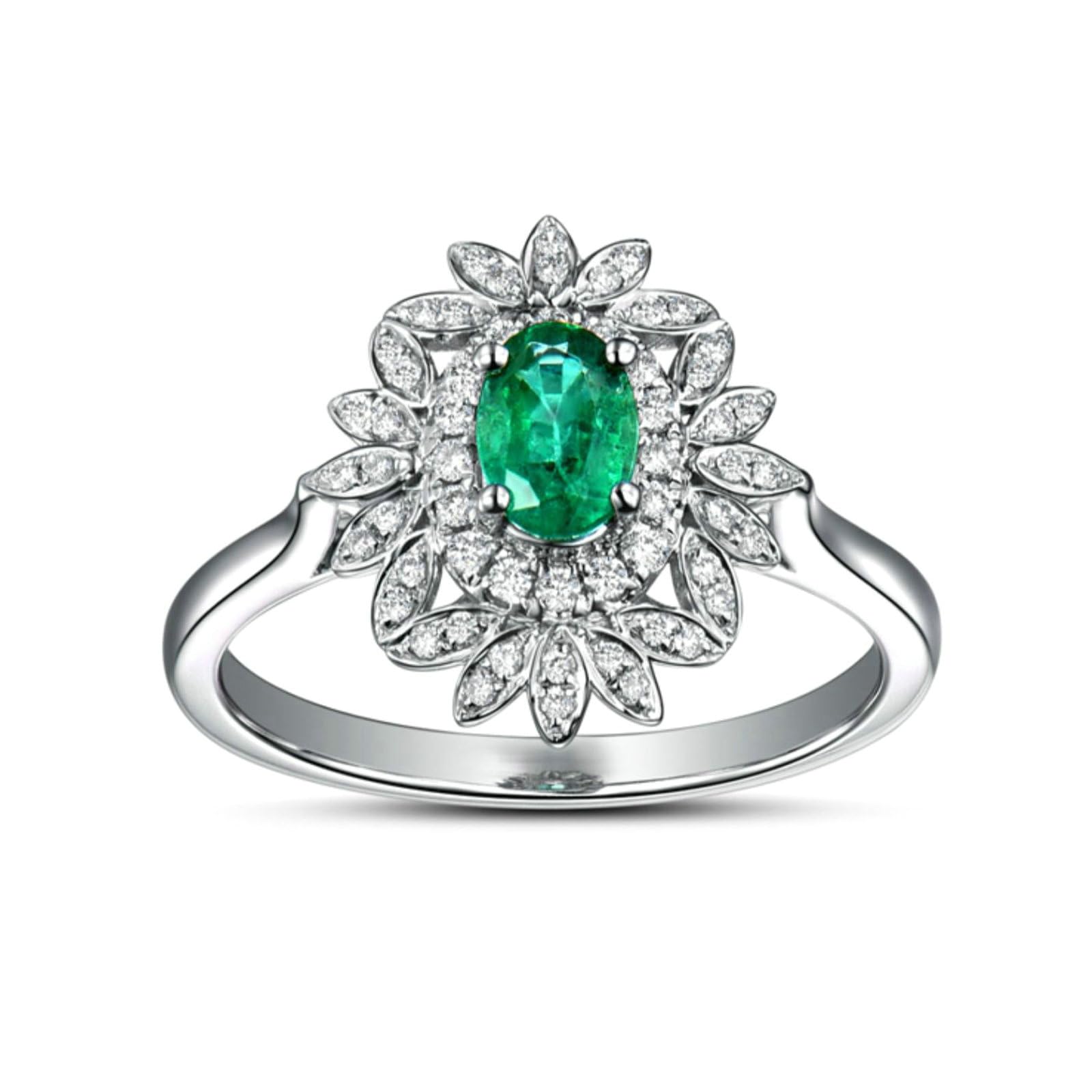 Anillo de compromiso para mujer de platino, anillos de promesa de boda, flores con esmeralda ovalada de 0,5 quilates y moissanita de 0,26 quilates, tamaño H 1/2-V 1/2