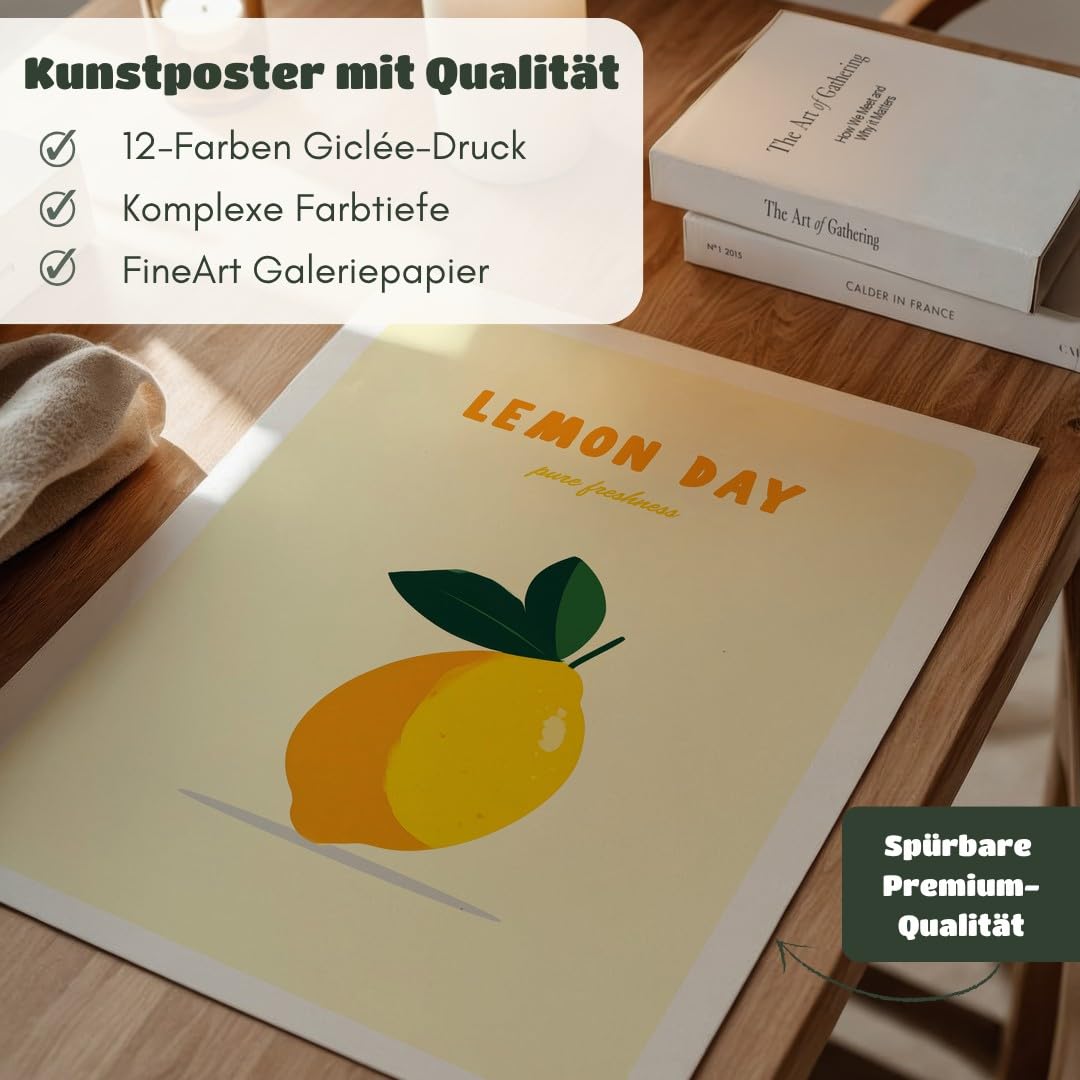 MJ-GRAPHICS® Poster Zitrone Kunstdruck minimalistisch Wandbild Gelb Wanddeko Küche Wohnzimmer bilderfrisch lebendig spritzig Akzente Deko frech fröhlich Ambiente 50x70 mit beigem Rahmen