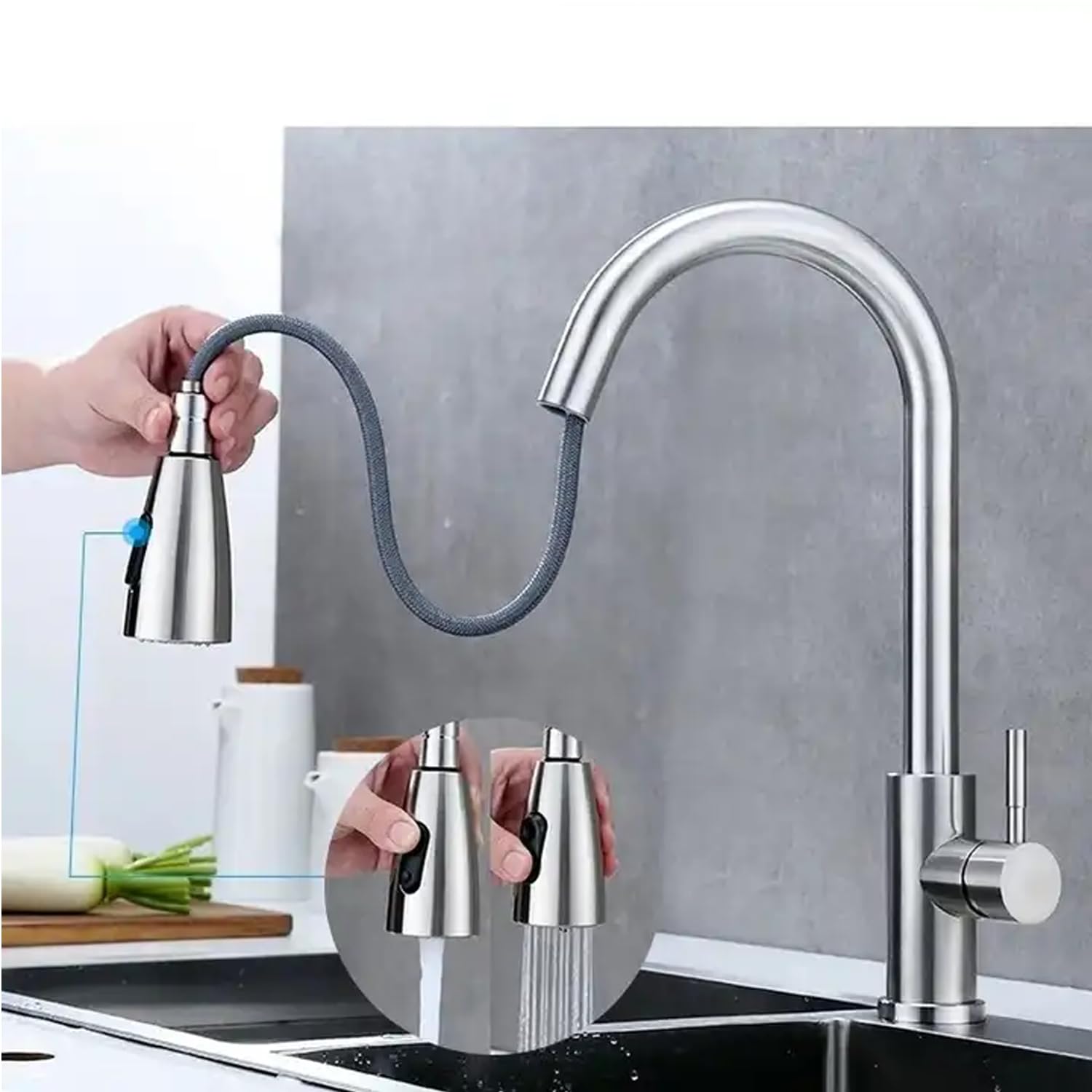 Flora SS-304 Pull Down Sprayer Kitchen Hot and Cold Sink Mixer Tap with 360° Swivel Spout and Pull Out Multifunction Spray Head Faucet - Gen (Matt Silver)-picture-18