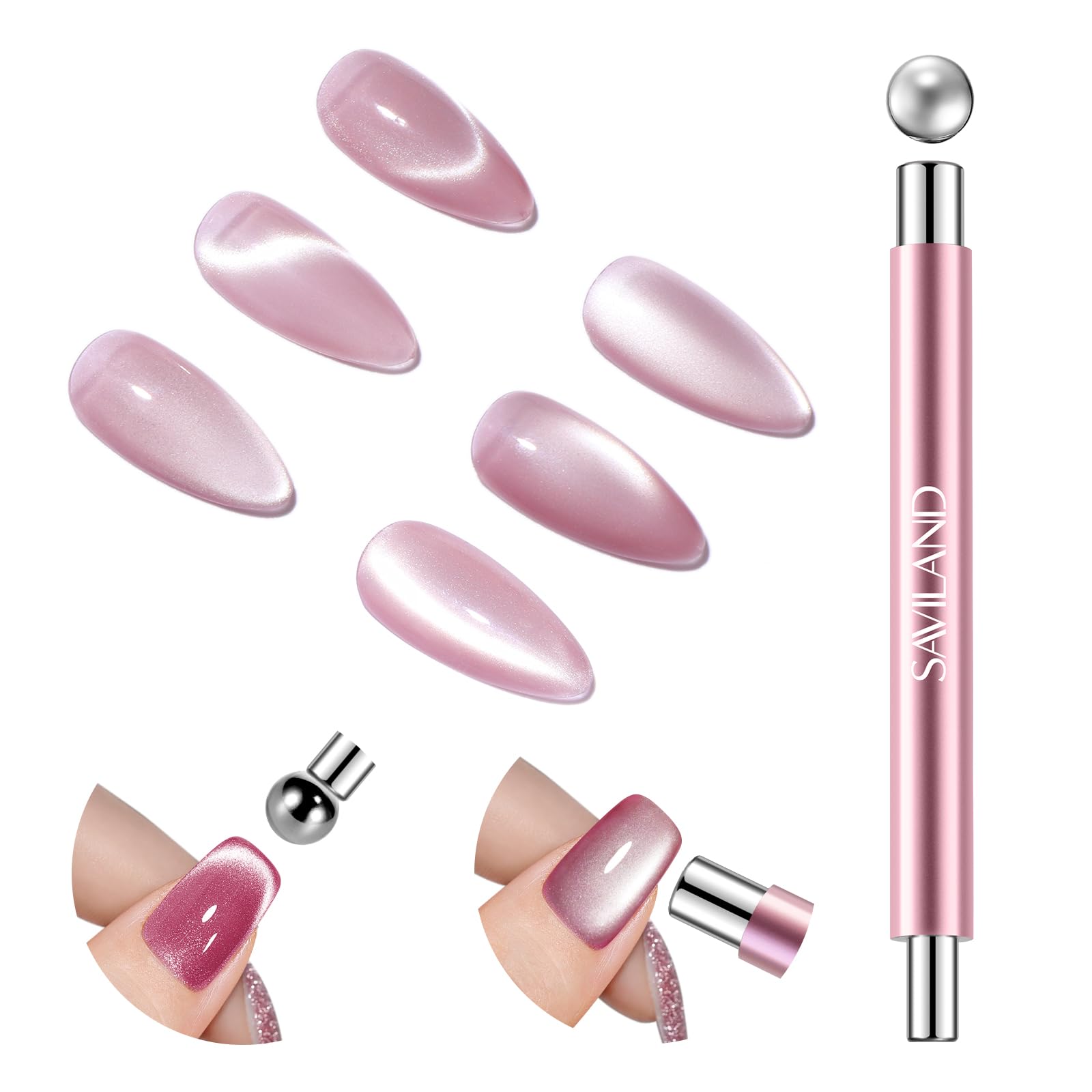 SAVILAND Ultrastarker Magnetischer Cat Eye Magnet: Doppelseitig Cat Eye Magnet mit Runder Magnetperle für Verschiedene Samt Katzenaugen Nägel Rutschfester Aluminiumgriff für Salons Haushalte (Rosa)