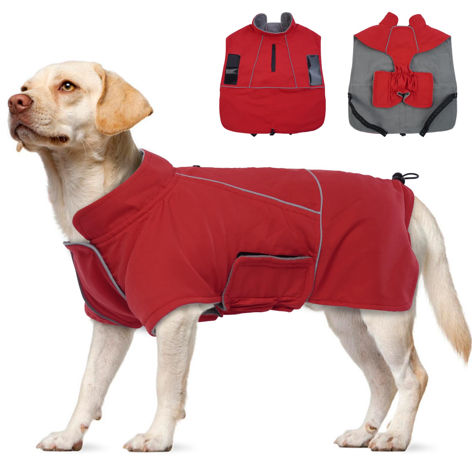 Katzinst Dog Coat Waterproof with Harness Hole, Reflective Fleece Lined Winter Coat, Red, 3XL, XXX-Large