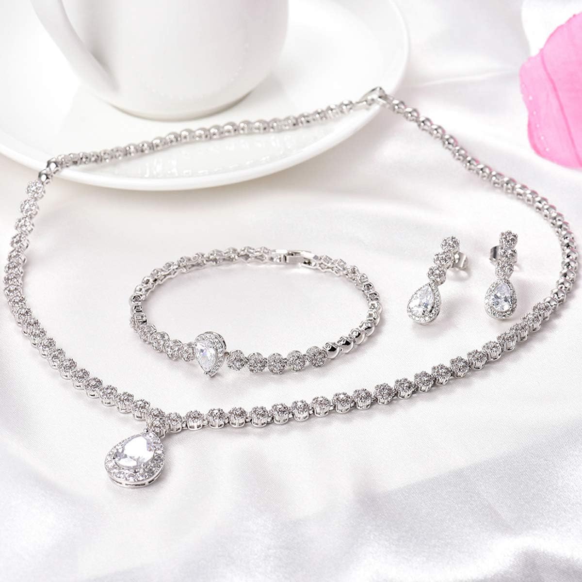 Hadskiss Jewelry Set for Women, Necklace Dangle Earrings Bracelet Set with White AAA Cubic Zirconia, Allergy Free Wedding Party Jewelry for Bridal Bridesmaid - Image 4