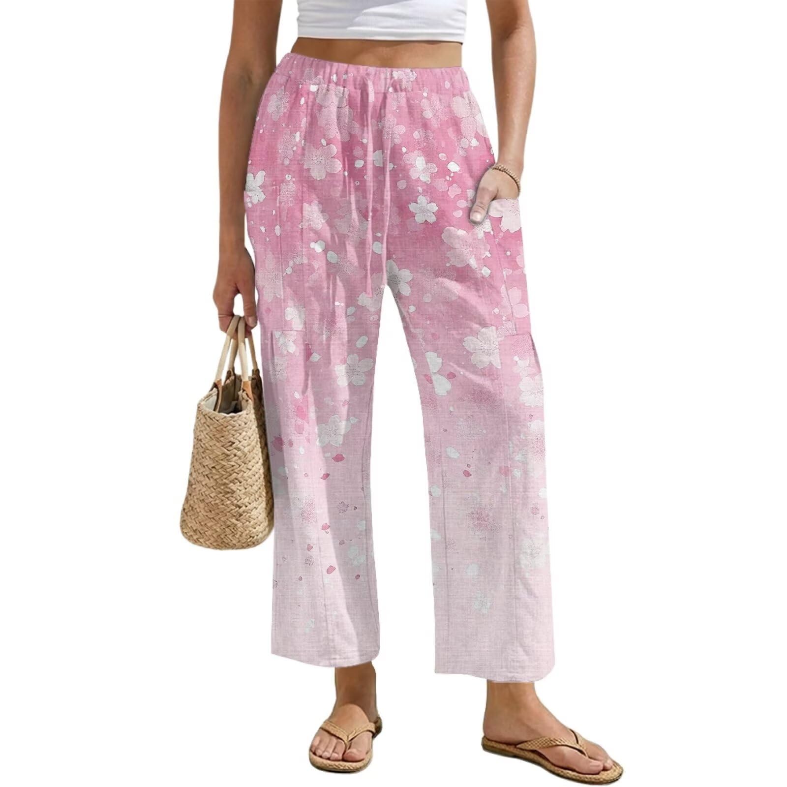 Womens Linen Wide Leg Pants with Pockets Palazzo Casual Womens Beach Travel Drawstring Pants Straight Leg Trousers