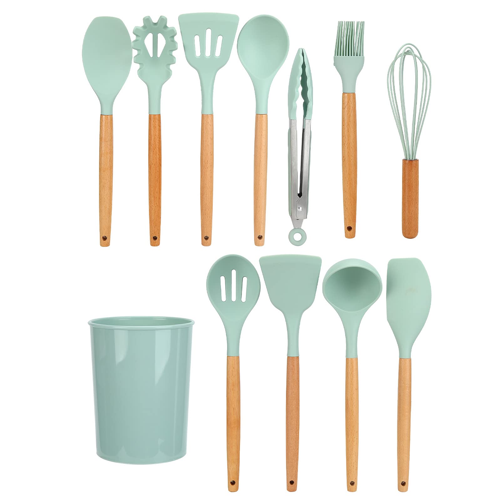 12-teiliges Silikon Küchenutensilien Set mit Holzgriff, Backzubehör, Kochlöffel, Pfannenwender, Schneebesen, Ölpinsel, Suppenschöpfer für die Küche (Hellgrün)