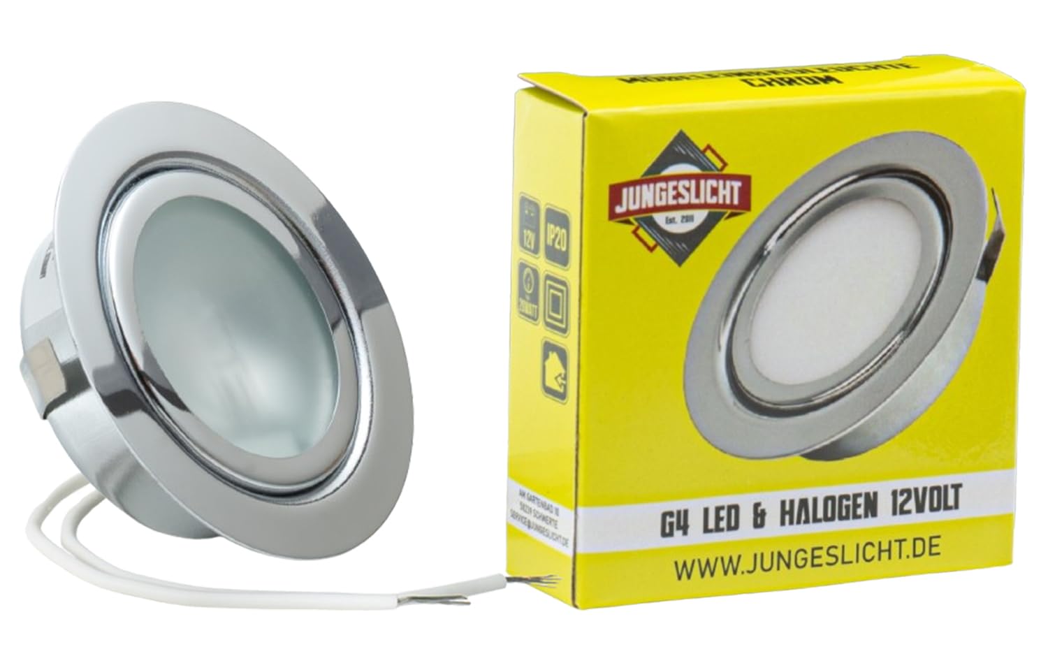 JungesLicht Ultra flache Möbeleinbauleuchte 12Volt G4 20Watt Halogen Leuchtmittel inklusive (dimmbar) Bohrloch: 55-60mm - Außendurchmesser: 72mm - Tiefe: 20mm, Leuchtmittel austauschbar - LED geeignet