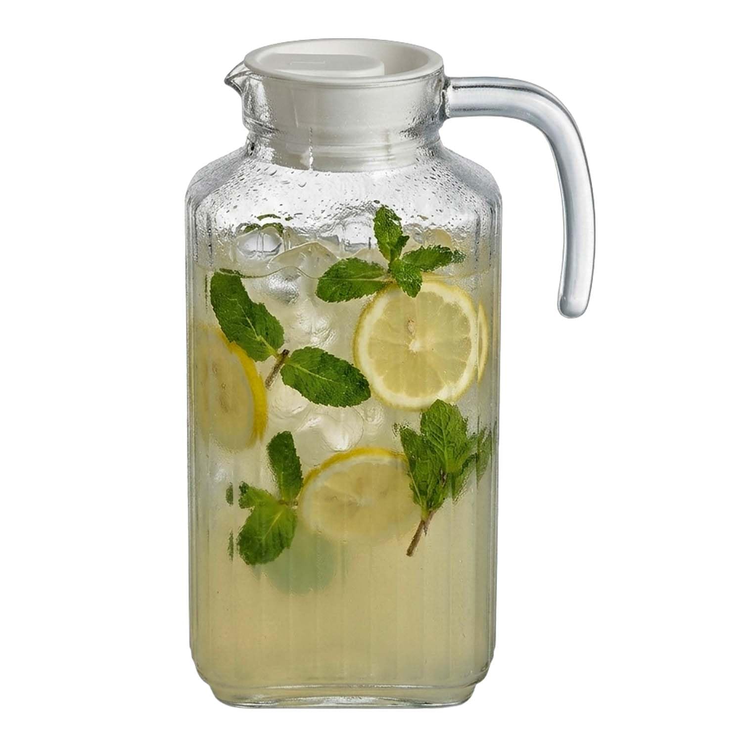 UNIQUE HOME LIVING Tall Glass Pitcher 1.8L with Handle and Plastic Lid, Ribbed Carafe for Water, Lemonade, Iced Tea & Juice, Serving Jug with Easy Pour Spout, Dishwasher Safe, Table & Fridge Storage