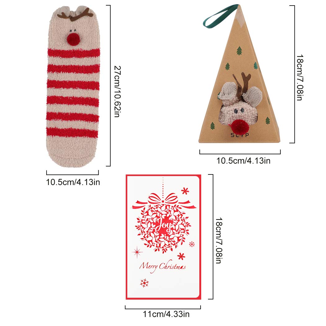 4 Paar Weihnachts-Socken für Frauen, Elch-Schneemann-gestreifte fuzzy Crew-Socken, warme flauschige Socken mit gestreiftem Muster, inklusive Grußkarte, ideale Geschenkidee für die Weihnachtszeit