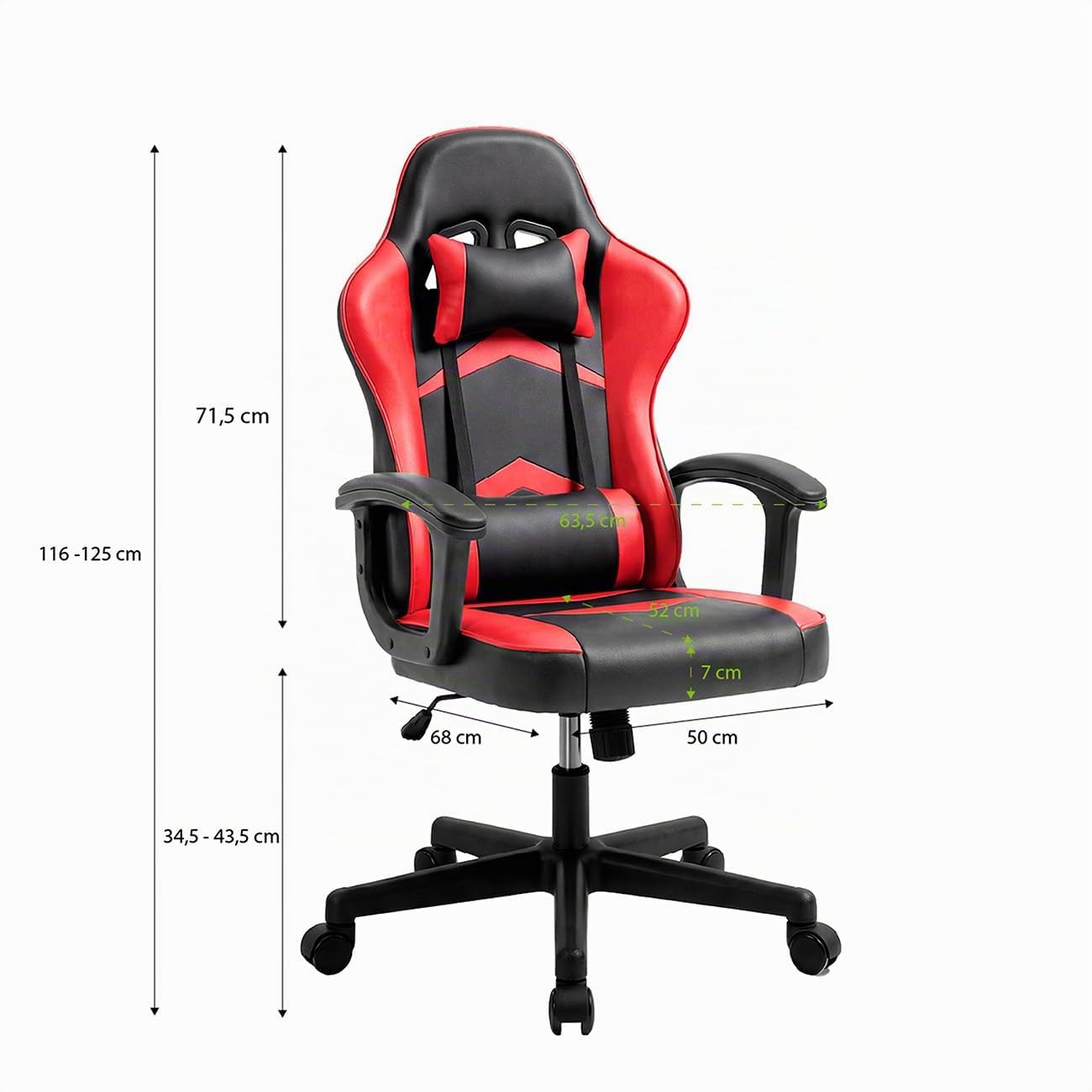 duehome | Silla Gaming Raptor Ergonómica Regulable en Altura con Ruedas 360°, Diseño Racing, Acabado en Negro y Rojo, Medidas: 50 cm (Ancho) x 68 cm (Largo) x 116-125 cm (Alto)