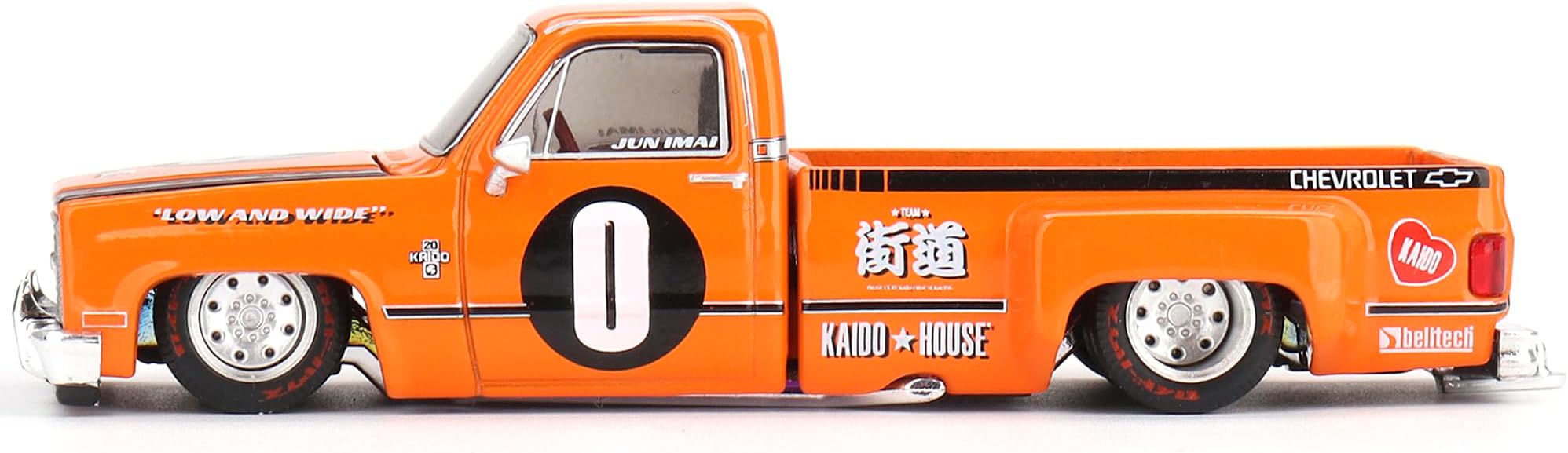 Chevy KAIDO Works V2 Pickup Truck #0 Orange with Graphics (Designed by Jun Imai) Kaido House Special 1/64 Diecast Model Car by True Scale Miniatures KHMG090
