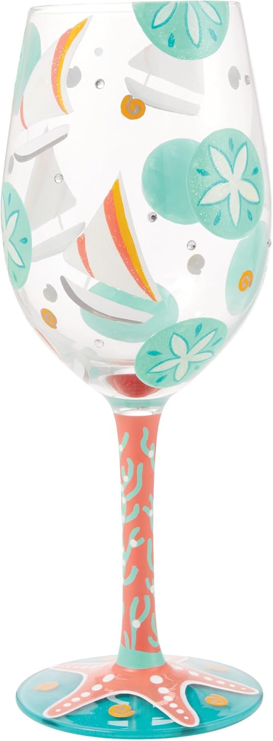 Enesco Lolita Designs Sailboats and Sand Dollars Hand-Painted Artisan Wine Glass, 15 Ounce, Multicolor
