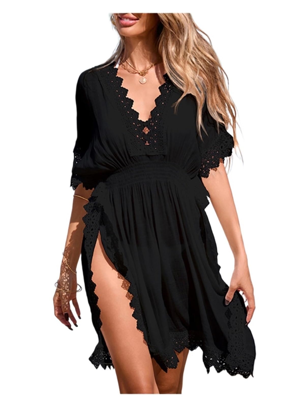 Vestido Playero for Mujer, Ropa de Playa for, Túnica Punto Ganchillo Manga Corta con Cuello en V Profundo Encaje para Las Vacaciones
