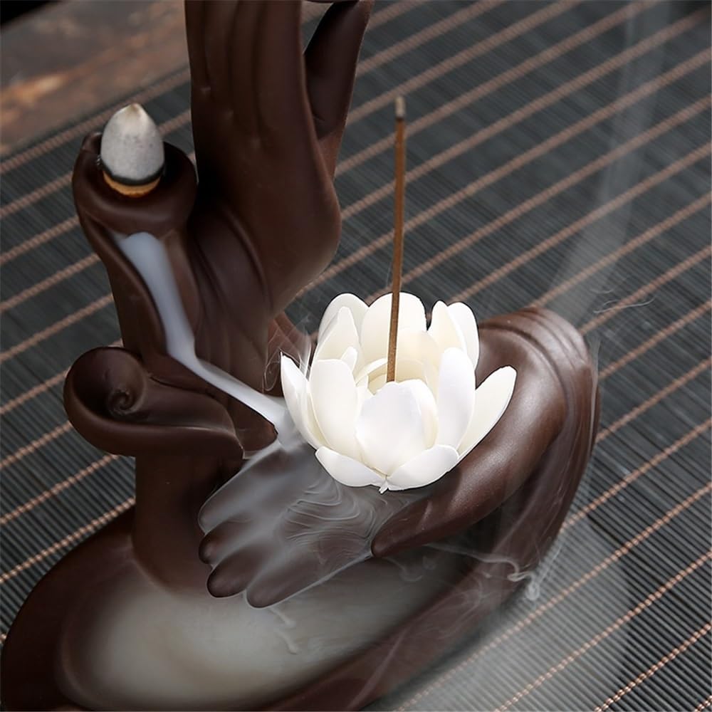 Räuchergefäß Home Backflow Weihrauchbrenner Große Buddha-Hand Lotus Lila Ton Dekorative Weihrauchhalter