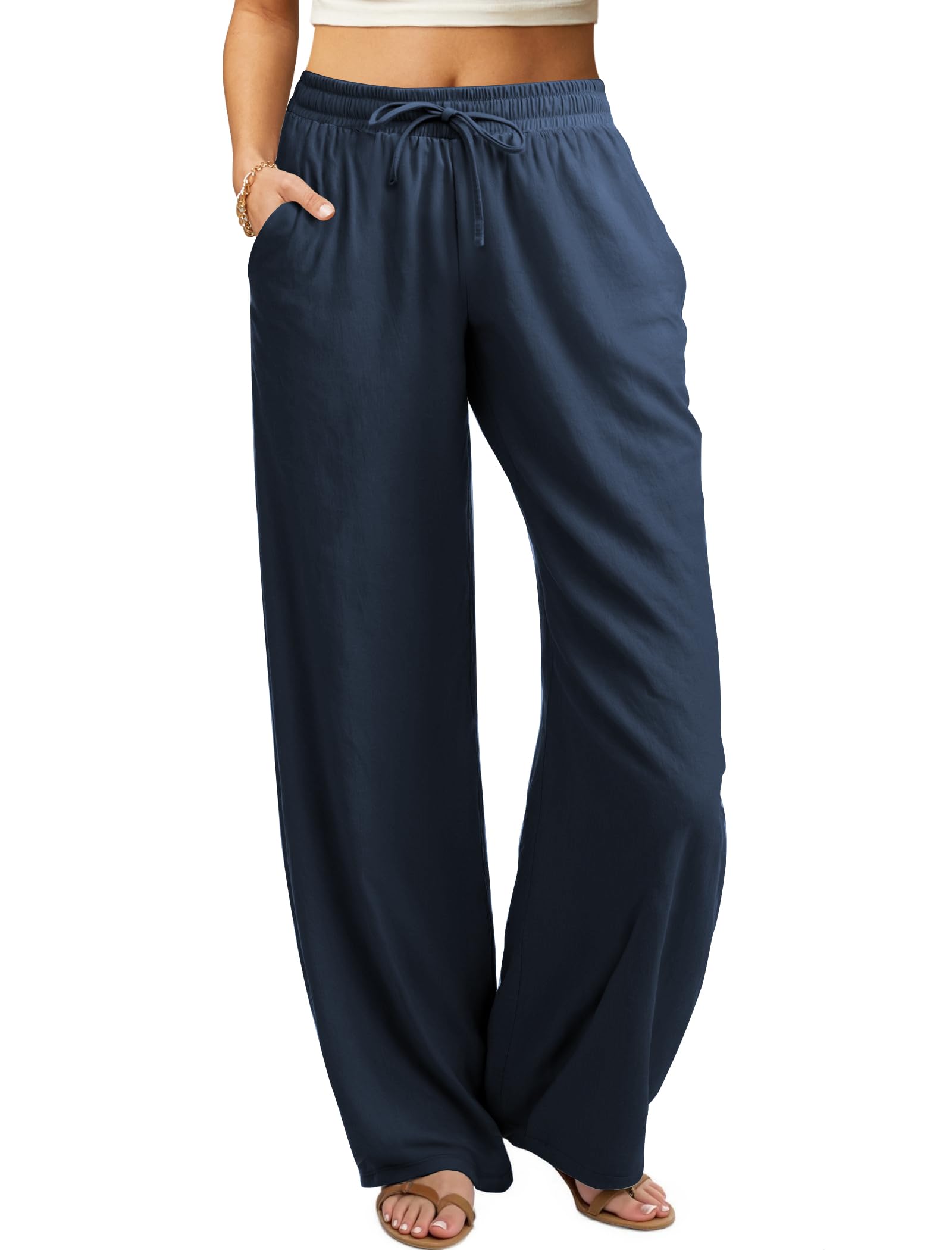 Friptspyg Damen Hosen Leicht Weite Hose mit Geradem Bein Sommerhose Kordelzug Freizeithose Einfarbig Lockere Hosen mit Taschen