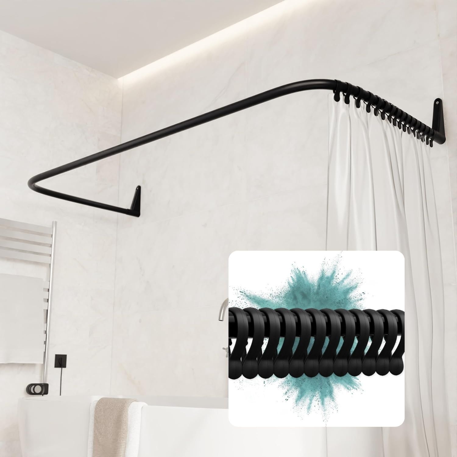 Barre de douche en U 70x165 tringle rideau de douche d'angle noire en acier montage mural