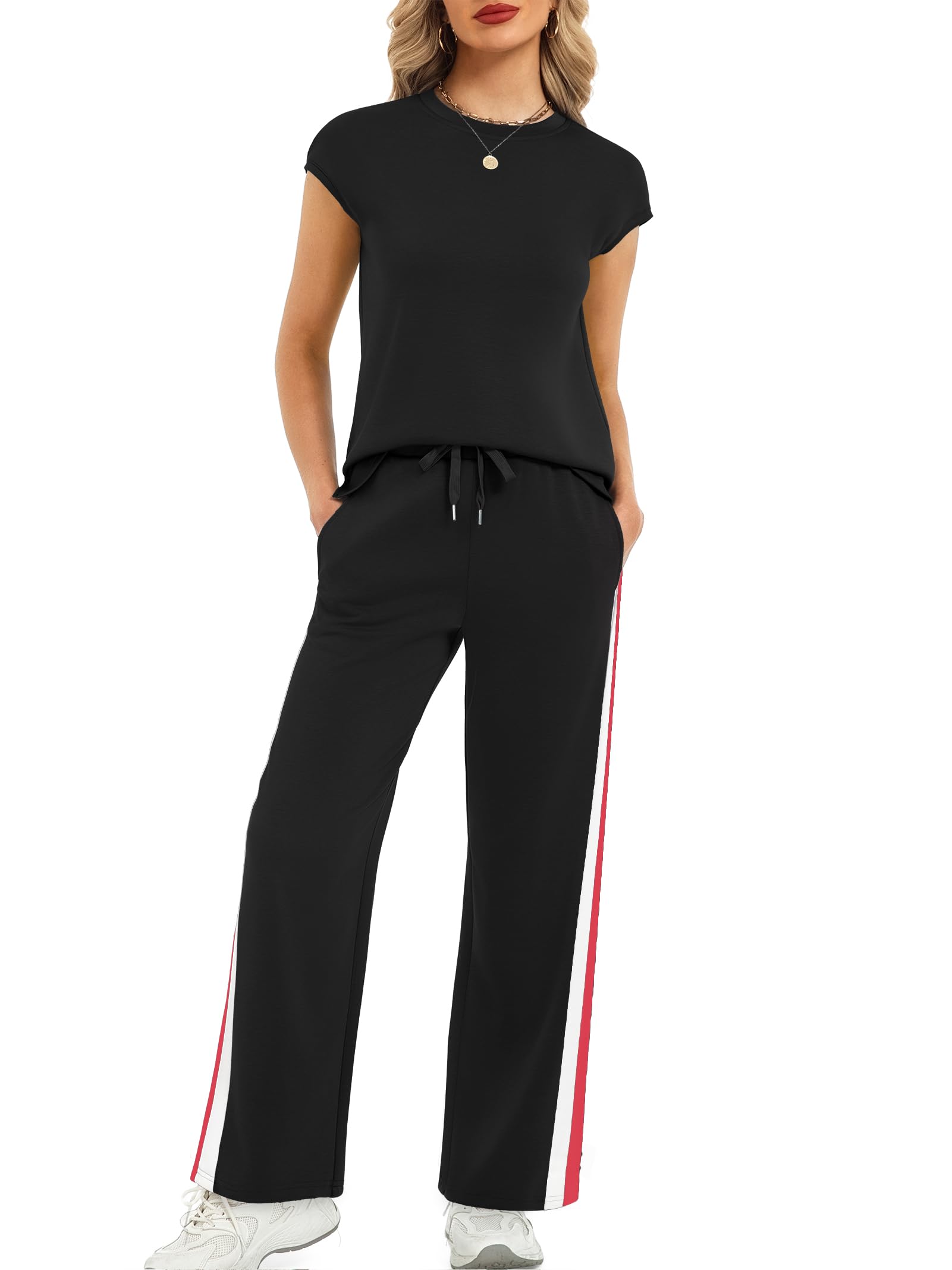 2 Piece Lounge Set for Women 2026 Cap Sleeve Top Wide Leg Pants Sweatsuits Airport Travel Clothing Sets
