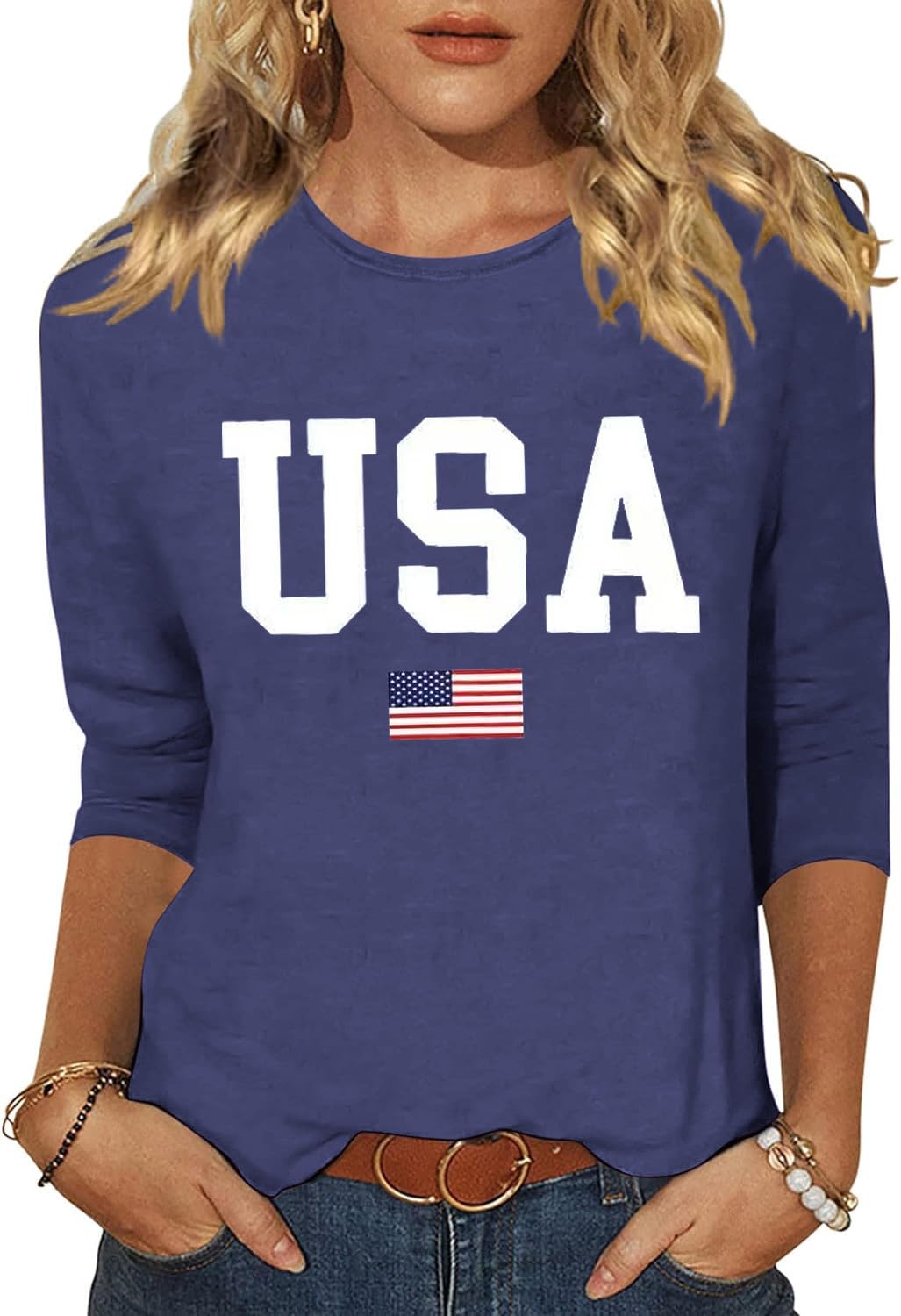 Woffccrd Womens 3/4 Sleeve American Flag T-Shirts Crew Neck 4th of July Summer Graphic Tee Tops