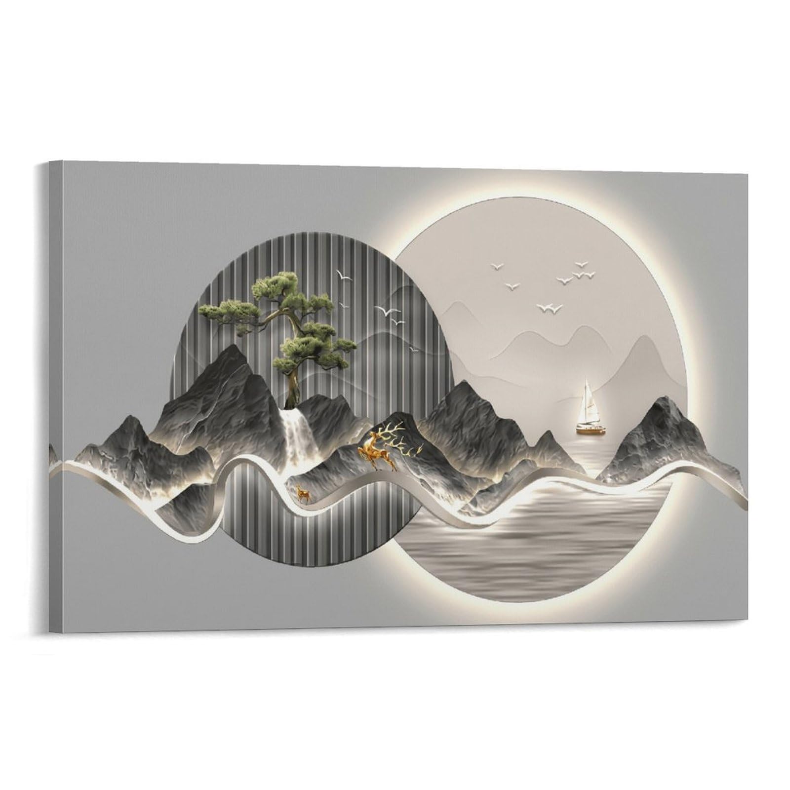 XPASHIQWC New Chinese Illuminated Landscape Deer Wall Decor Poster Canvas Prints Picture Modern Wall Art Picture Wall Hanging for Bedroom Living Room Decor 20x30inch(50x75cm)