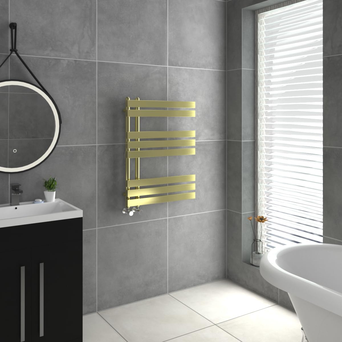 Warmehaus Designer Heated Towel Rail D Shape Bathroom Ladder Style Radiator Warmer Central Heating Brushed Brass 800x600mm