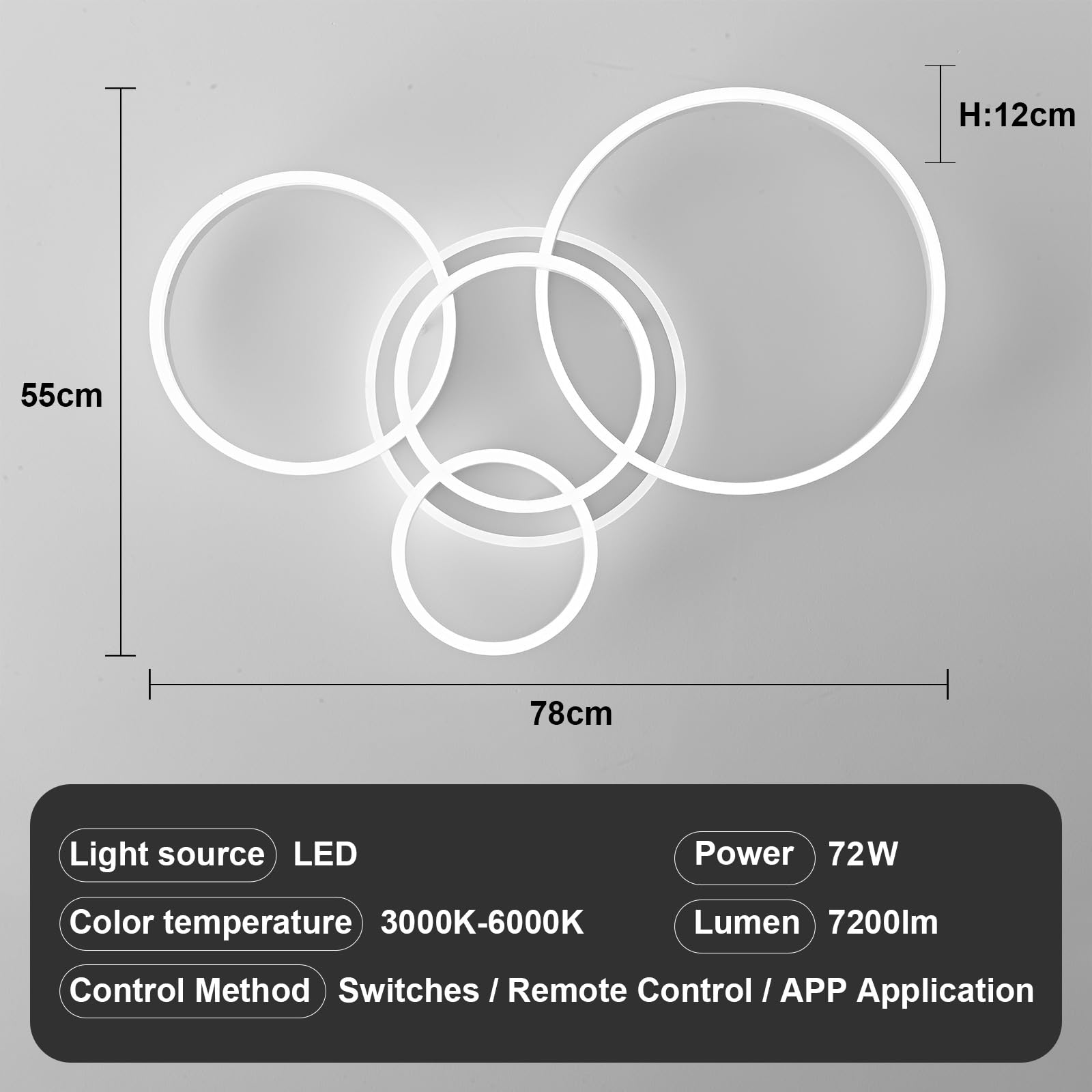 BLMYL Lampada da soffitto a LED dimmerabile, 3000 K – 6000 K, 72 W, 7200 lm, lampada da soffitto, 78 cm, anelli a LED, per camera da letto, cameretta dei bambini, cucina, corridoio