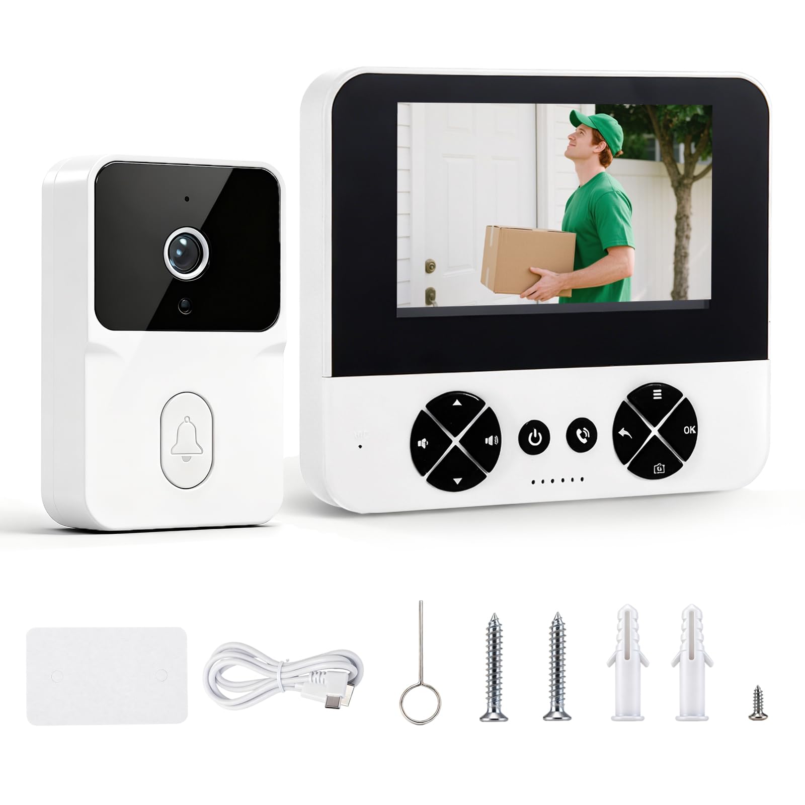 Campanello senza fili con fotocamera, 1080P 4.3" Campanello video senza fili esterno, IP65 esterno impermeabile, visione notturna, audio bidirezionale, visione notturna, senza APP, senza