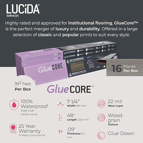 Miniatura 9 de Lucida USA - Piso vinílico imitación madera, adhesivo, para proyectos de bricolaje, 16 tablones, GlueCore, 39 pies cuadrados