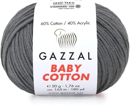 1 Pack Skein Gazzal Baby Cotton, 60% Cotton 40% Acrylic, Each Ball 1.76 Oz 50g / 180 Yards 165m, DK- Worsted, Knitting Yarn, Amigurumi Yarn, Baby Yarn, 3450