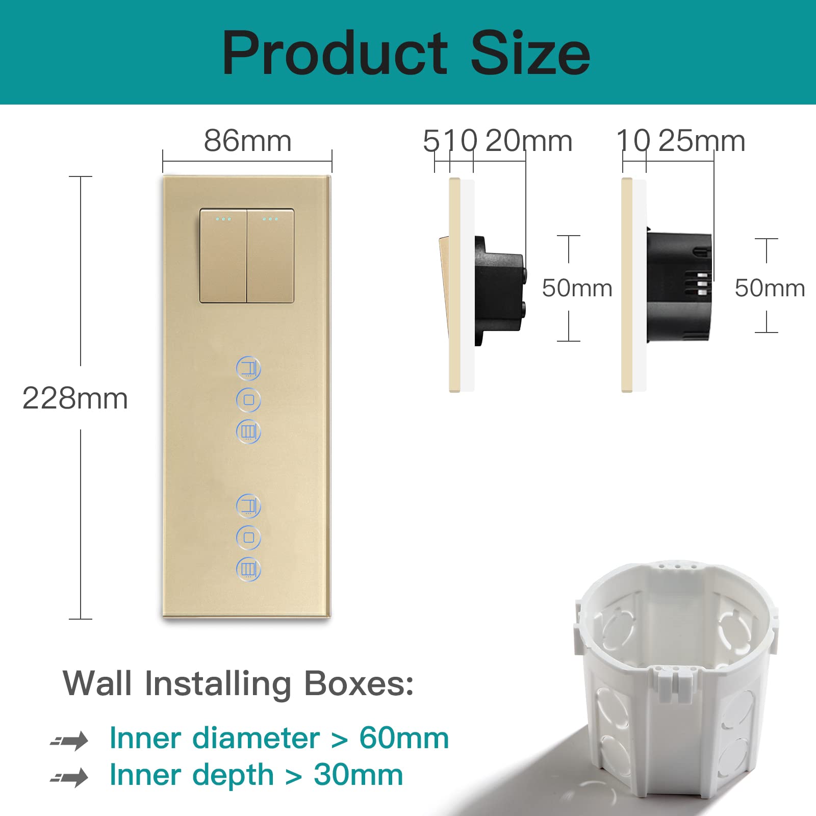 BSEED Druckknopf lichtschalter 2 Fach 1 Weg mit Rolladenschalter Doppelt Jalousieschalter Kompatibel mit Alexa Smart Life, Tuya und Google Home 228mm Gold
