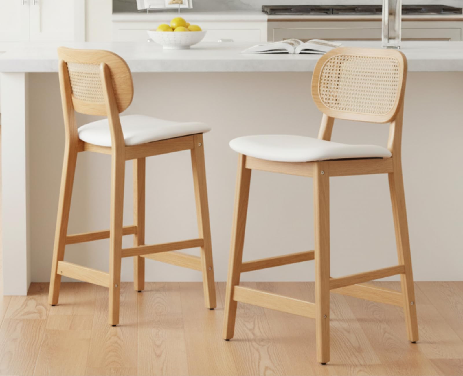 Shunzhi Rattan Counter Height Bar Stools - Set of 2 Wood Farmhouse Barstools with Cane Back Faux Leather Kitchen Island Chairs Boho Upholstered Pub/