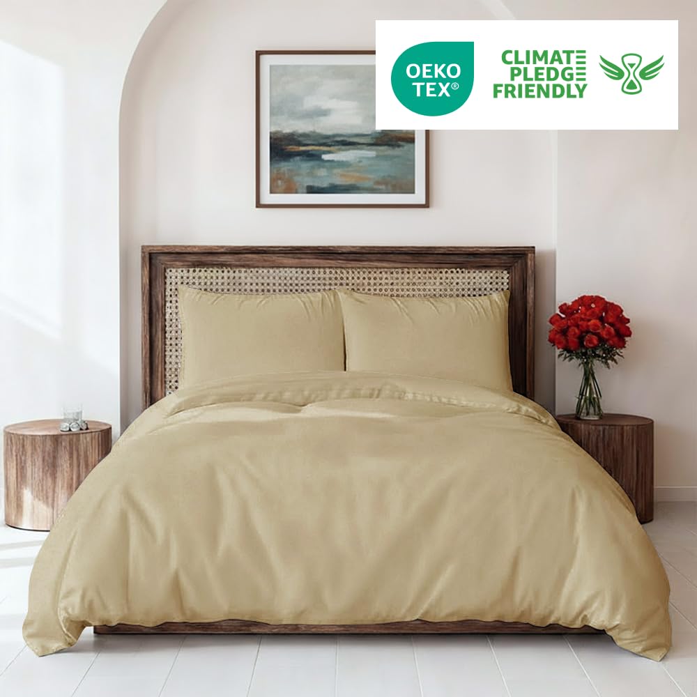 CGK Unlimited Set copripiumino Beige 3 pezzi 240x220 cm - Morbido in microfibra poliestere, elegante e resistente con 2 federe 65x65 cm lavabile in lavatrice, con chiusura a cerniera e lacci.