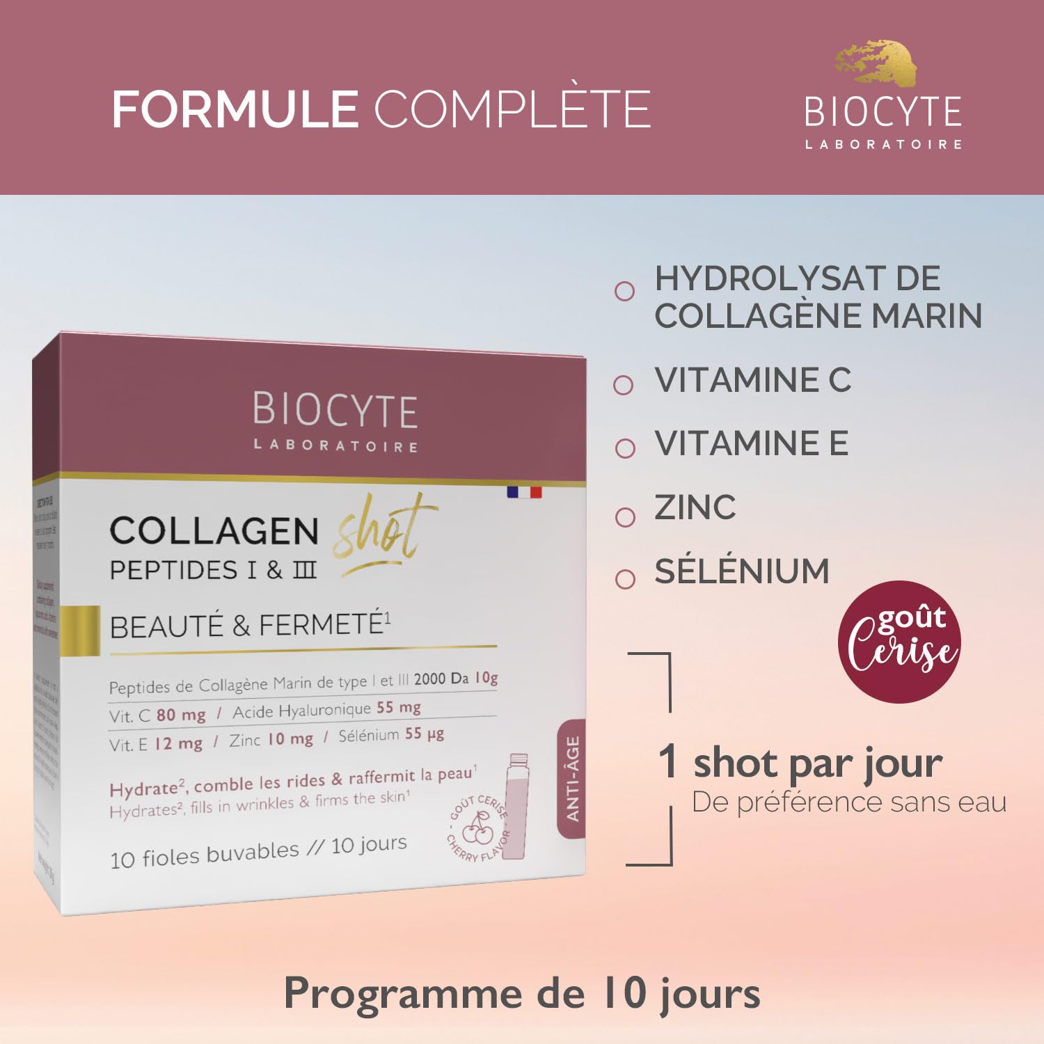 BIOCYTE Collagen Shot – Hidrata, rellena las arrugas, tonifica la piel – Complemento alimenticio de colágeno marino, ácido hialurónico, vitamina C y E, zinc – 1 vial al día – Programa 10 días