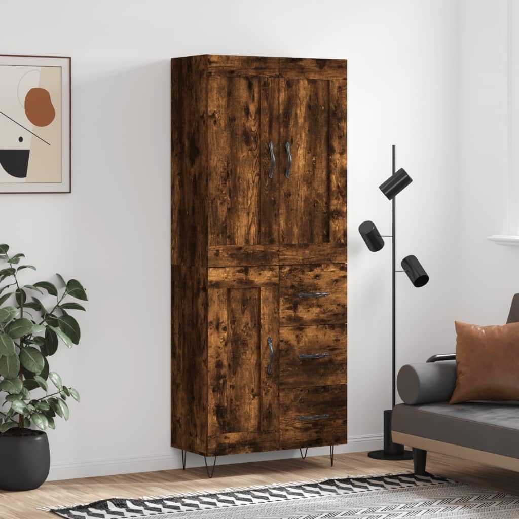 Armadietto alto di alta qualità in rovere affumicato, 69,5 x 34 x 180 cm, in legno con molto spazio, pratiche ante e piedini in metallo, ideale per soggiorno, sala da pranzo, corridoio
