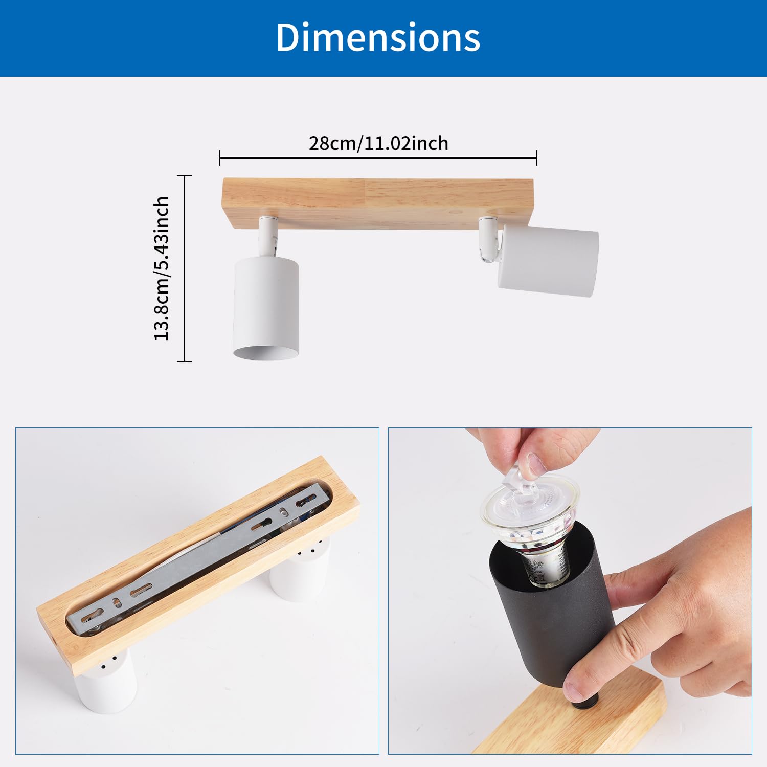 ANWIO Plafonnier Spots, 2 Spots de Plafond Led Intérieurs Base GU10, Spots de Plafond Blancs avec Base Rectangulaire, Spots de Plafond LED Rotatifs (Sans Ampoules).