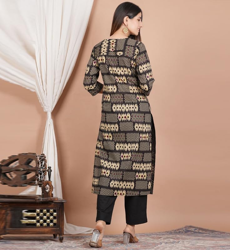 Akiko Women's Ikat Printed Straight Kurta with Pant & Dupatta for Summer