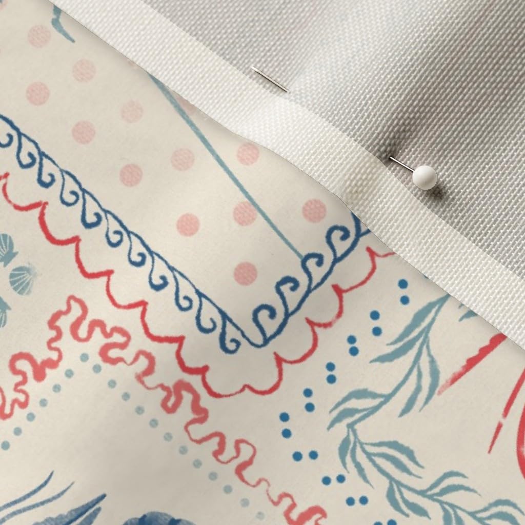 Spoonflower Fabric - Coastal Patchwork Cream Blue Red Stripes Crab Lobster Marine Life Printed on Chiffon Fabric Fat Quarter - Upholstery Home Decor Bottomweight Apparel