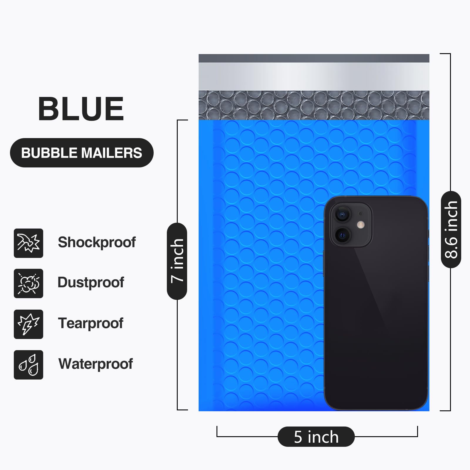 UCGOU Lot de 100 enveloppes à bulles rembourrées auto-adhésives imperméables pour bijoux, fournitures de maquillage - Bleu - 12,7 x 21,8 cm