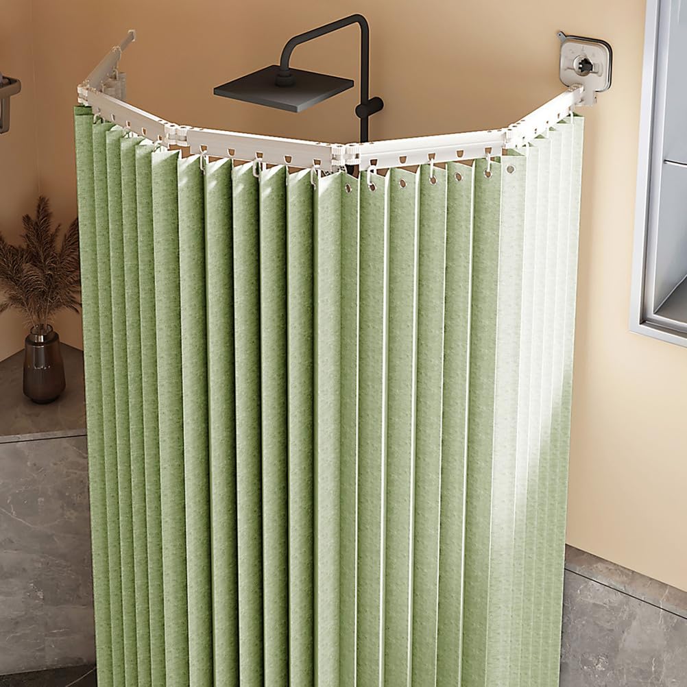 Foldable Shower Curtain No Drilling with Rod, L/U-Shaped Rod and Strong Suction Cup, Adjustable Angle Linen Textile Shower Curtain Waterproof/Washable,green,5 Folds