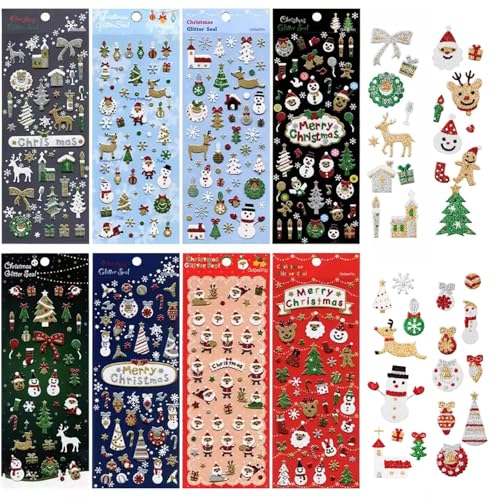 KALOLINNA クリスマス シール 8シート ステッカー クリスマス飾り 雪だるま クリスマスツリー サンタ トナカイ ギフトシール 手帳シール キラキラ プレゼント かわいい