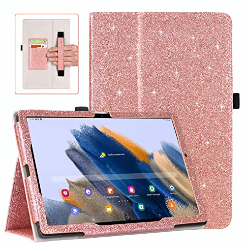 Dmluna Case For Samsung Galaxy Tab A8 10.5 Inch 2022 Sm-X200/X205/X207, Slim Pu Leather Smart Protective Cover Folio, With Folding Stand, Auto Wake/Sleep, Hand Strap, Card Slots, Glitter Rose #TOP5