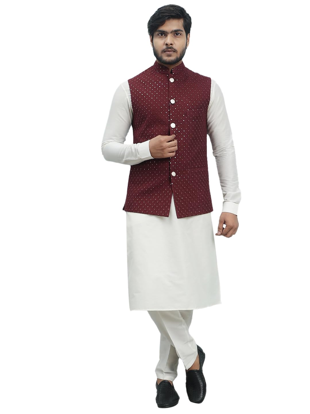 Men Off White Kurta Pajama And Maroon Sequence Woven Design Nehru Jacket-image-46