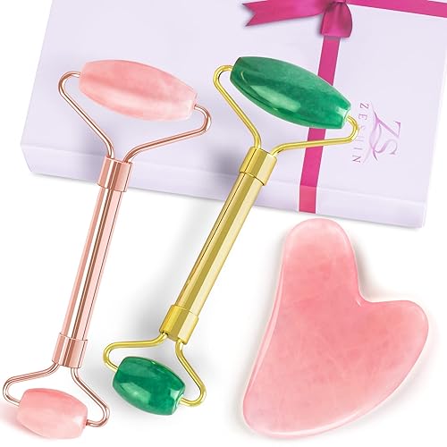 ZS ZESHIN Juego de rodillo de jade 3 en 1 y Gua Sha, masajeador facial de cuarzo rosa antienvejecimiento y herramienta Guasha para cara, ojos,