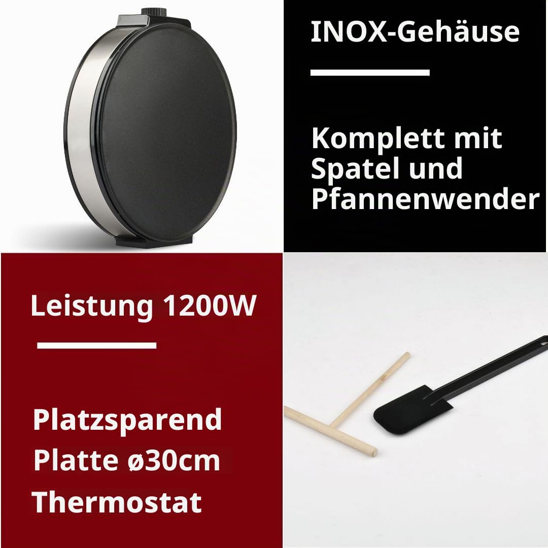 G3 Ferrari G10098 Profi-Crêpes-Maker, 1200 W, 30 cm Edelstahlplatte, Antihaftbeschichtung, Temperaturregler, Holzspatel und Teigverteiler inklusive