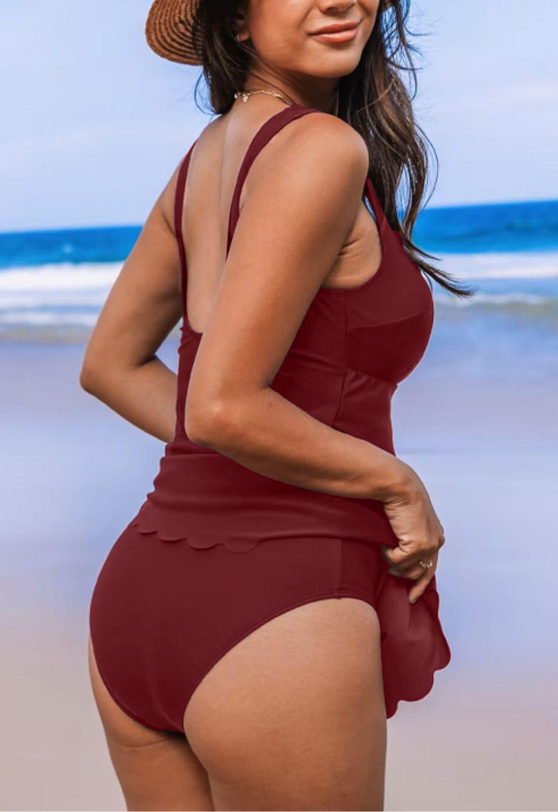 Rayson Tankini Donna Mare con Bordo Smerlato Costume Due Pezzi Push Up Costumi da Bagno Tankini Curvy Imbottito Reggiseno Tankini e Slip da Bagno Tummy Control