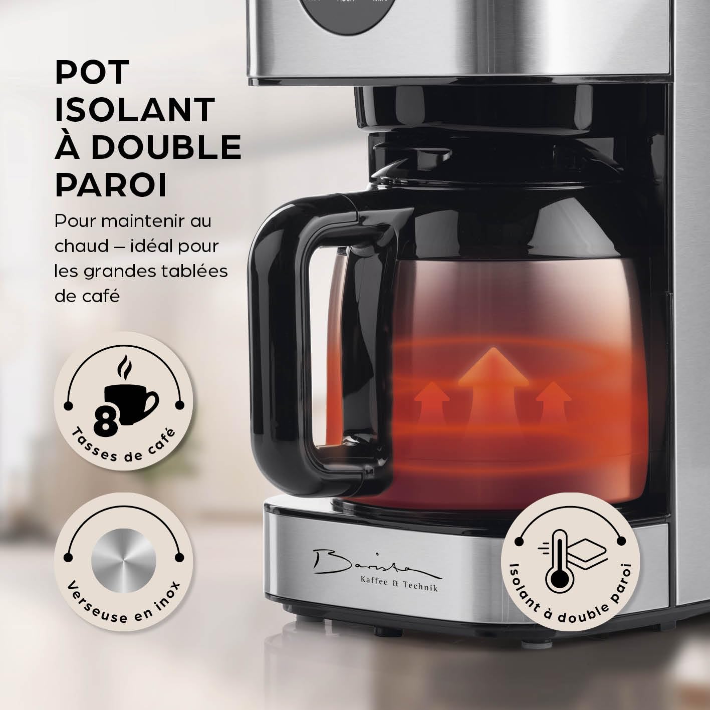 Barista Cafetière filtre avec thermos | Minuteur 24h & filtre permanent | Pour 8 tasses de café | Cafetière pour poudre [Acier inoxydable]