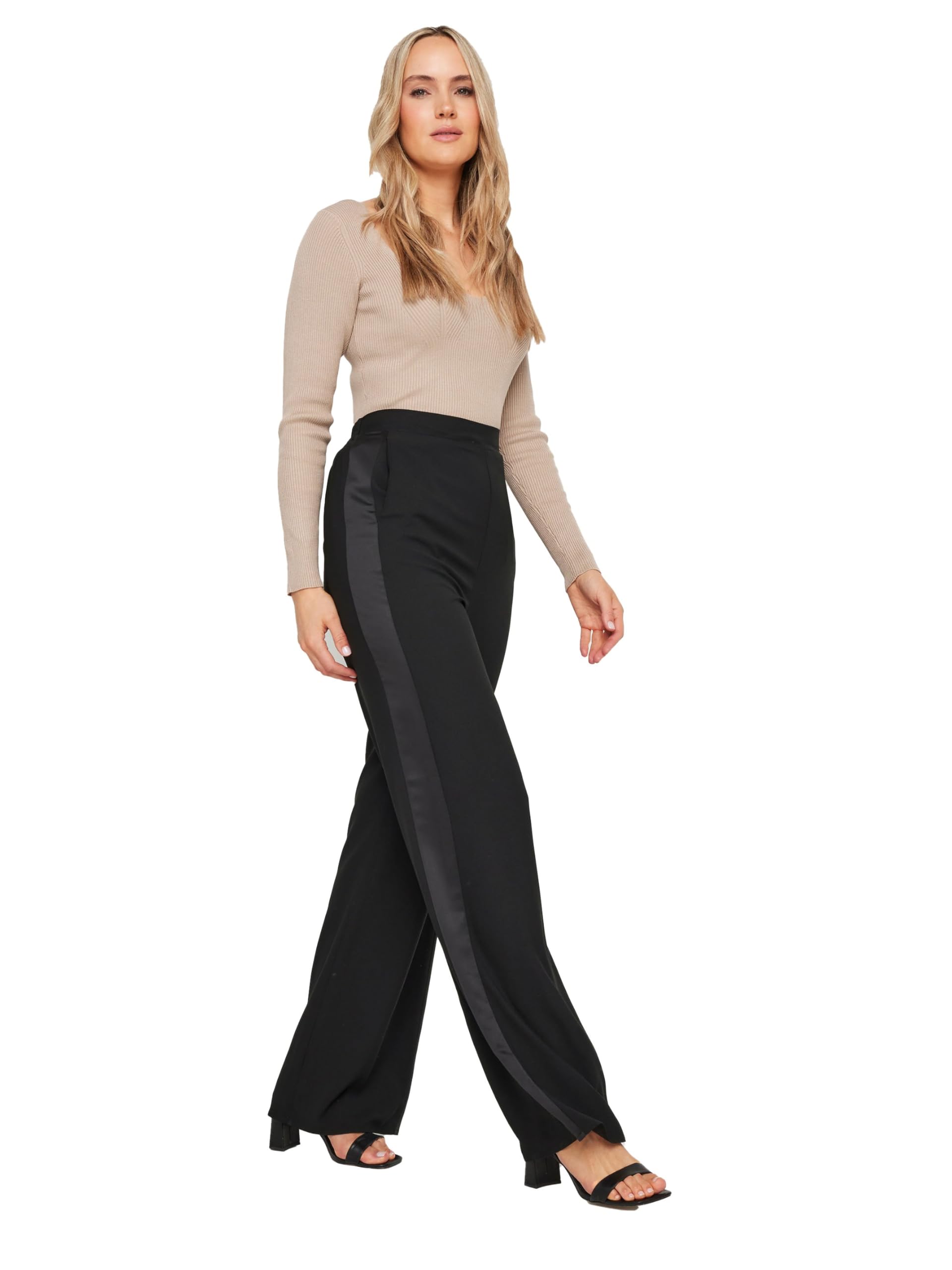 Long Tall Sally - LTS Tall Satin Side Stripe Wide Leg Trousers - Women's Black