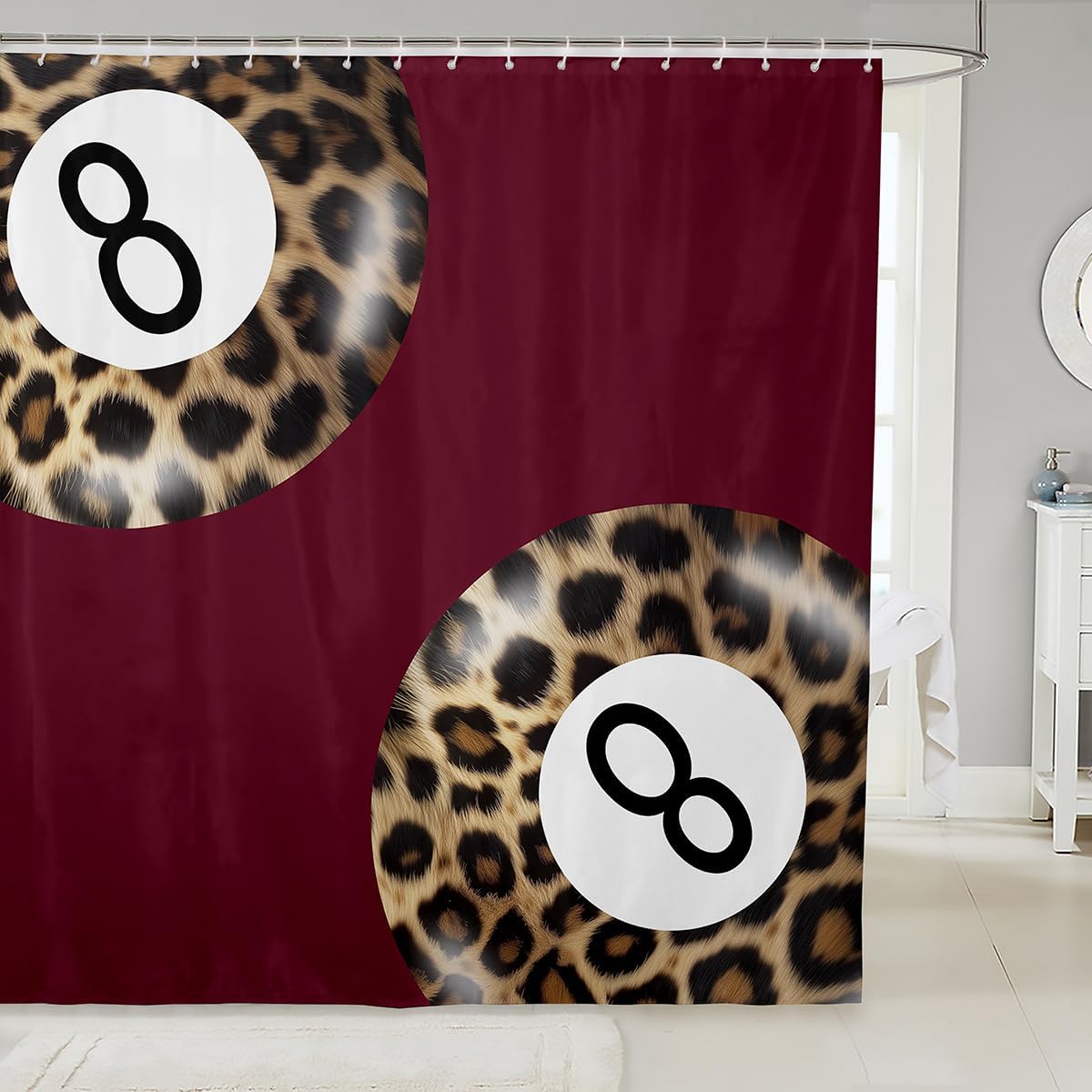 Trendy Leopard Kids Shower Curtains,Vintage Cheetah Fashion Art Bathroom Curtain,Lucky 8 Ball Modern Home Decor,Red Brown Waterproof Curtains,12 Hooks Suits,72" W x 78" L